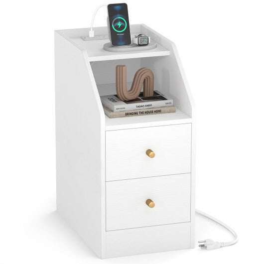 Side End Table with Charging Station Sofa Couch Table with Shelf Drawers-Black