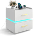 Nightstand with Charging Station LED Bedside Table with 2 Storage Drawers-White