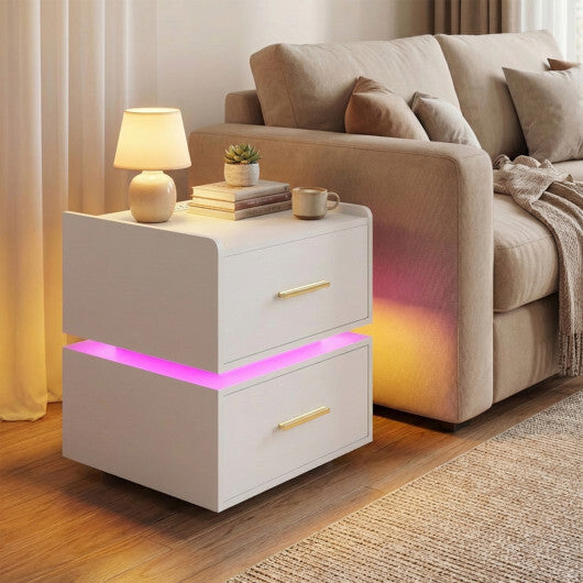 Nightstand with Charging Station LED Bedside Table with 2 Storage Drawers-White