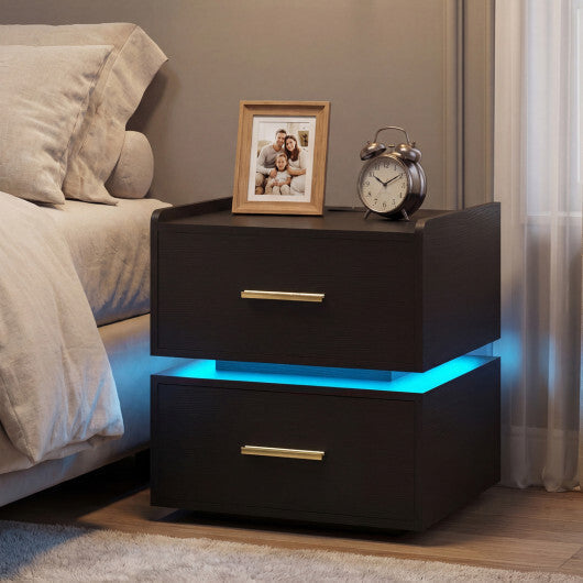 Nightstand with Charging Station LED Bedside Table with 2 Storage Drawers-White
