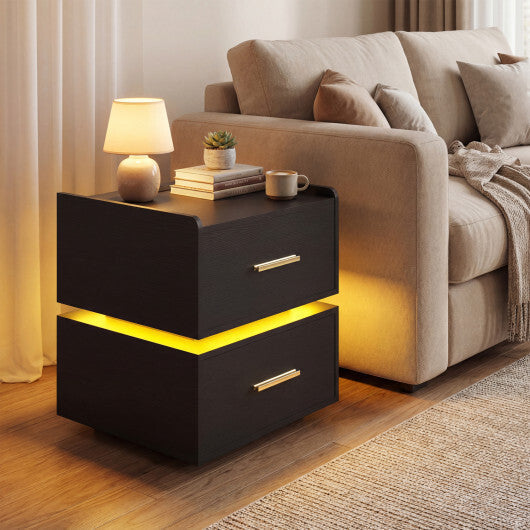Nightstand with Charging Station LED Bedside Table with 2 Storage Drawers-White