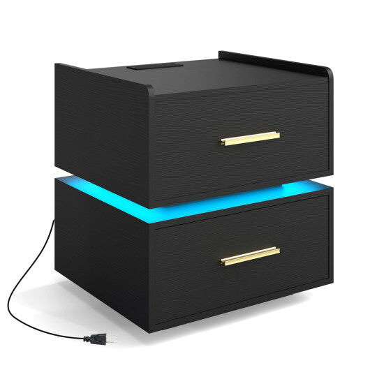 Nightstand with Charging Station LED Bedside Table with 2 Storage Drawers-White