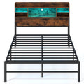 Full Size Bed Frame with Headboard LED Lights and Charging Station-Rustic Brown