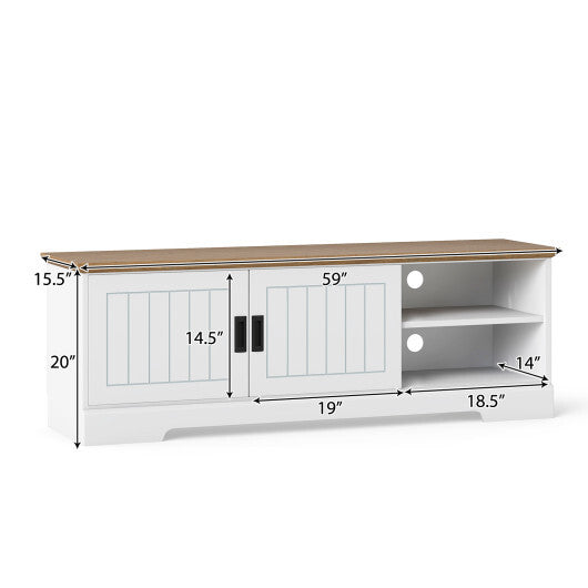 Farmhouse TV Stand for TVs up to 65 Inch with Sliding Doors and Storage Cabinets-White