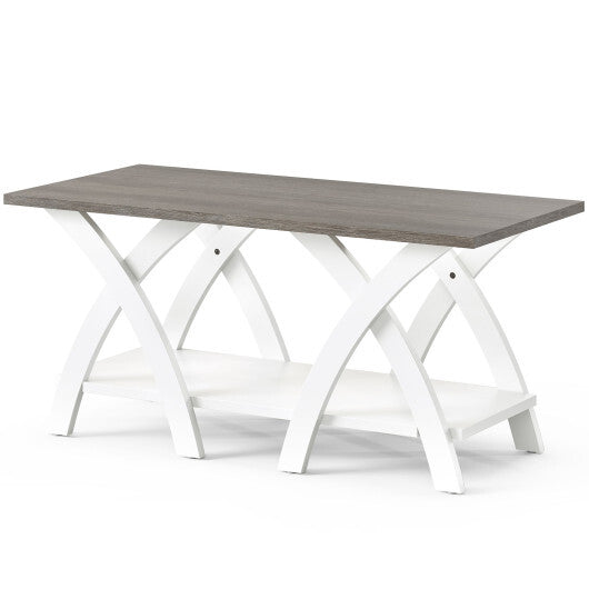 40 Inch Farmhouse Wooden Coffee Table with Storage Shelf with X-shaped Legs-Gray