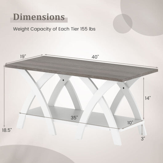 40 Inch Farmhouse Wooden Coffee Table with Storage Shelf with X-shaped Legs-Gray