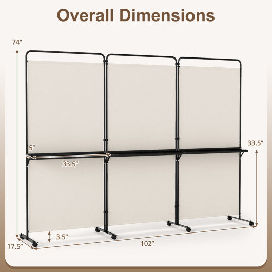 3-Panel Room Divider with Shelves 6 FT Tall Folding Privacy Screen with Lockable Wheels-White