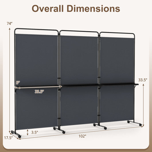 3-Panel Room Divider with Shelves 6 FT Tall Folding Privacy Screen with Lockable Wheels-White
