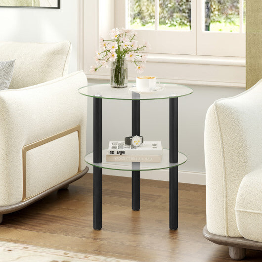 2-Tier Round End Table with Clear Tempered Glass Top and Shelf-Brown