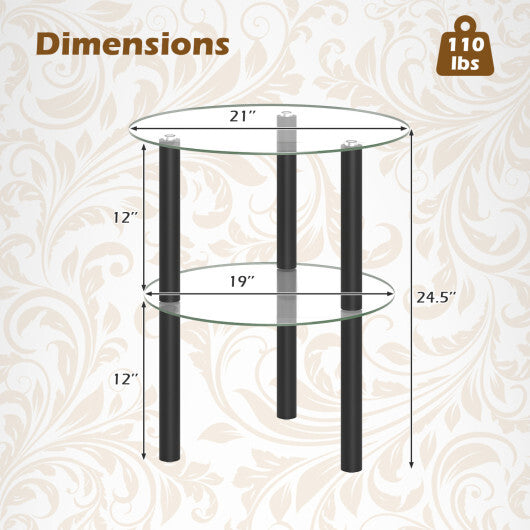 2-Tier Round End Table with Clear Tempered Glass Top and Shelf-Brown