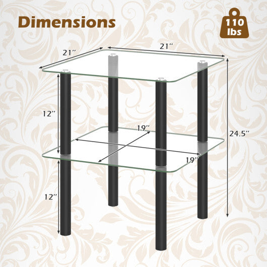 2-Tier Square End Table with Shelf and Clear Tempered Glass Top-Brown