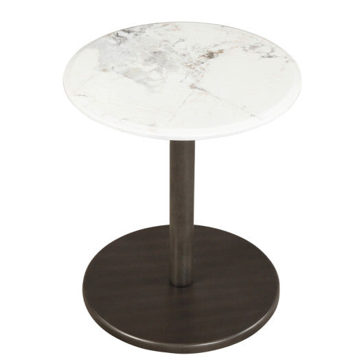 Round Marble Side Table Pedestal End Table with Stone Finish and Wooden-Black & White