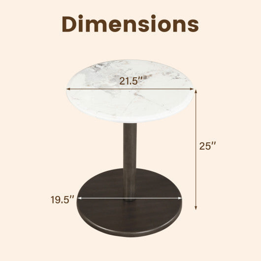 Round Marble Side Table Pedestal End Table with Stone Finish and Wooden-Black & White