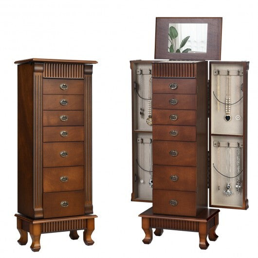 Wooden Jewelry Armoire Cabinet Storage Chest with Drawers and Swing Doors-Brown