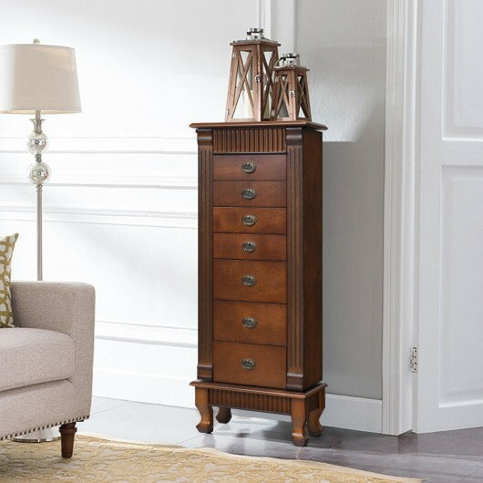Wooden Jewelry Armoire Cabinet Storage Chest with Drawers and Swing Doors-Brown