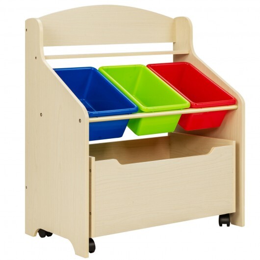 Kids Wooden Toy Storage Unit Organizer with Rolling Toy Box and Plastic Bins-Espresso