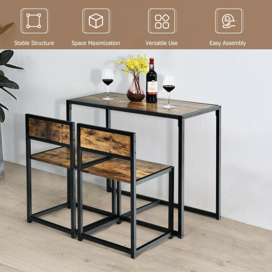 3 Pieces Dining Set Compact Table and 2 Chair with Metal Frame for Small Space-Oak