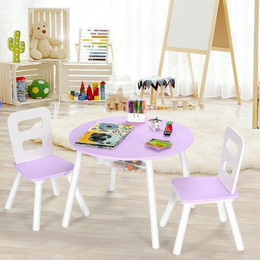 Wood Activity Kids Table and Chair Set with Center Mesh Storage for Snack Time and Homework-Pink