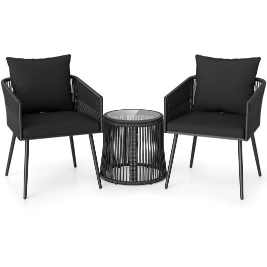3-Piece Outdoor Furniture Set with Cushions for Porch Garden-Black