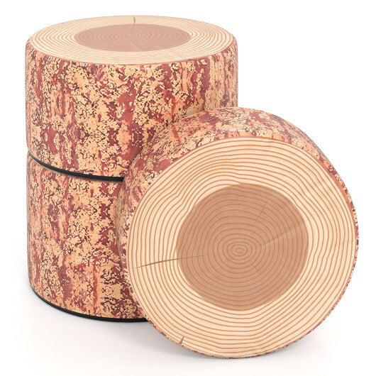 3-Piece Tree Stump Stool Set with Wood Printing Nature Decoration-Dark Walnut