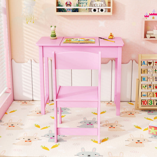 2-in-1 Kids Vanity Makeup Table and Chair Set with Flip Top Mirror-Pink