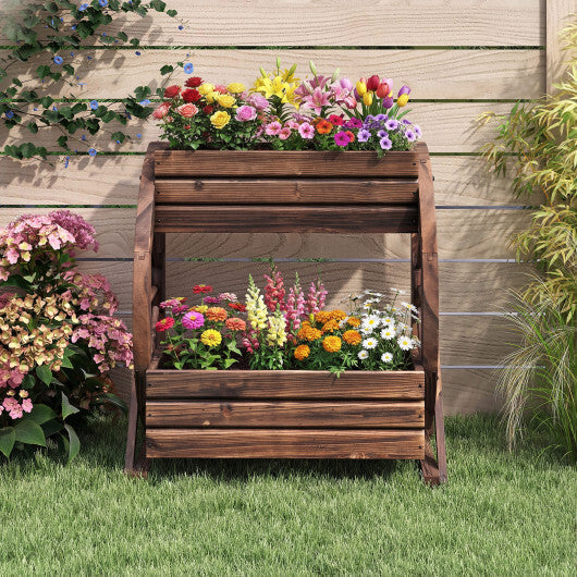 2-tier Raised Garden Bed Rustic Wood Wagon Planter with Drainage Holes and Semi-wheels-Coffee