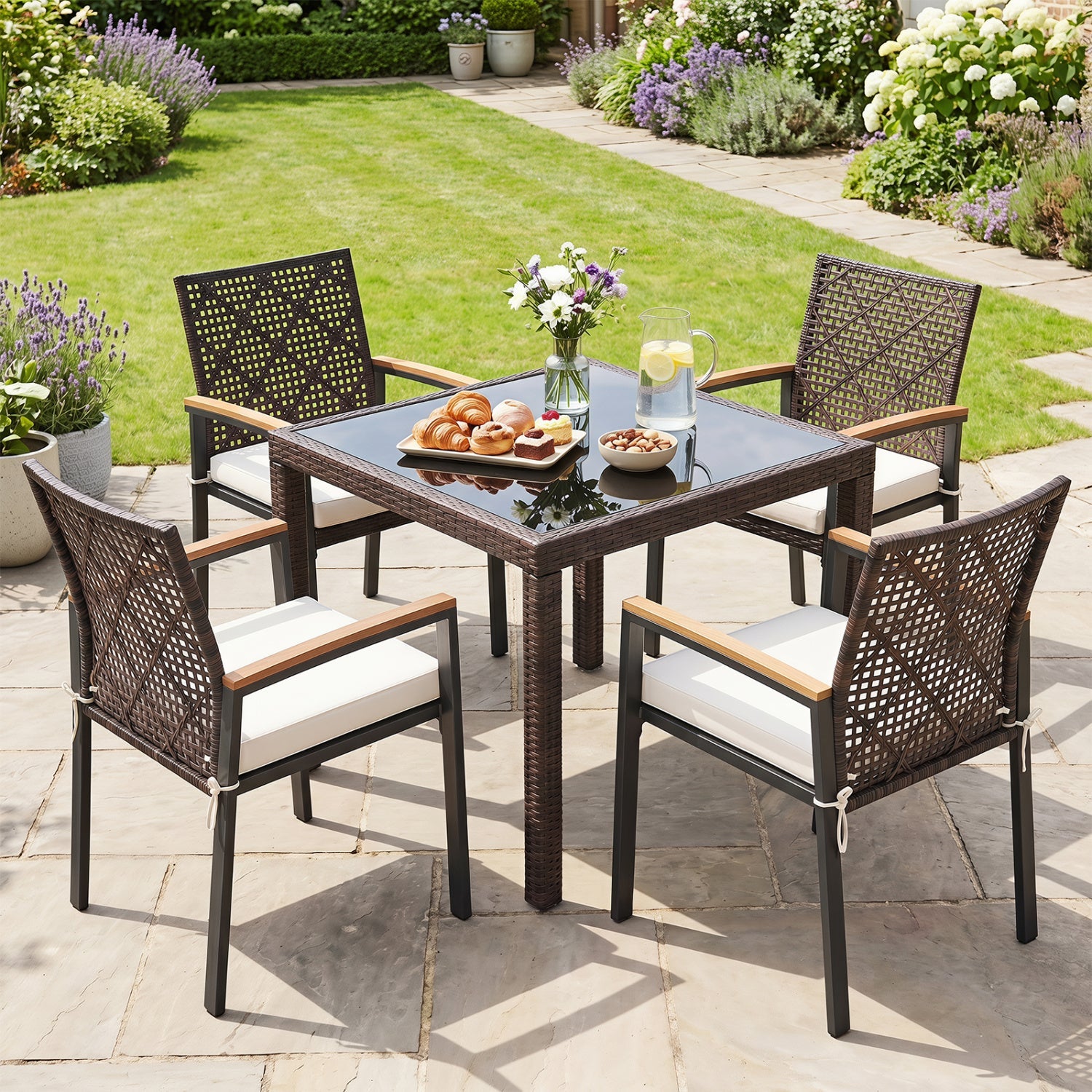 Patio Dining Chairs Set of 4 with Acacia Wood Armrests