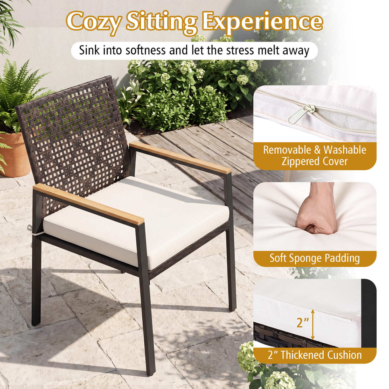 Patio Dining Chairs Set of 4 with Acacia Wood Armrests