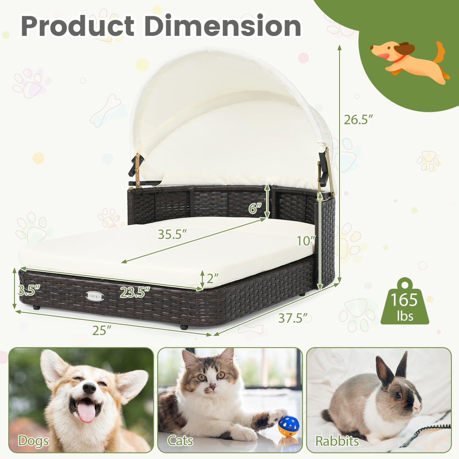 Rattan Pet Daybed with Adjustable Canopy for Small & Medium Dogs