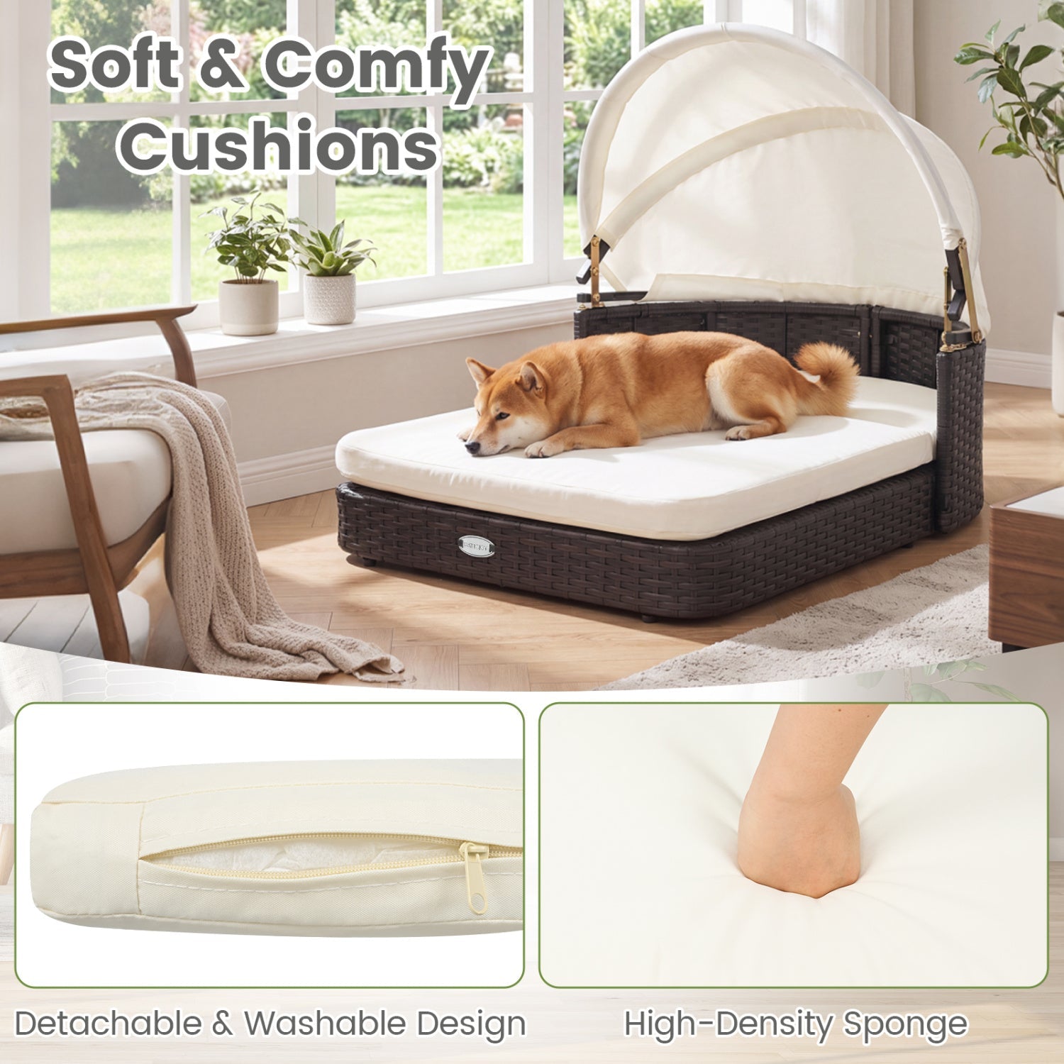Rattan Pet Daybed with Adjustable Canopy for Small & Medium Dogs