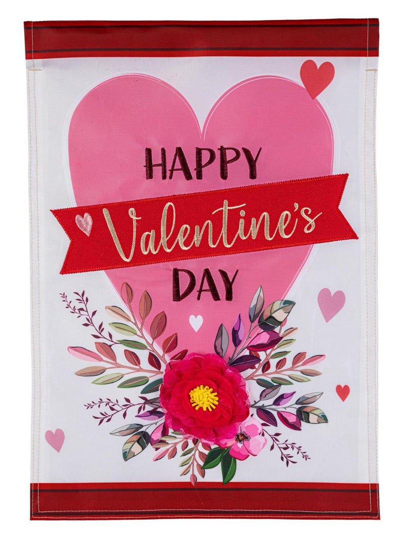 Happy Valentine's Day Heart and Floral 2 Sided Garden Flag