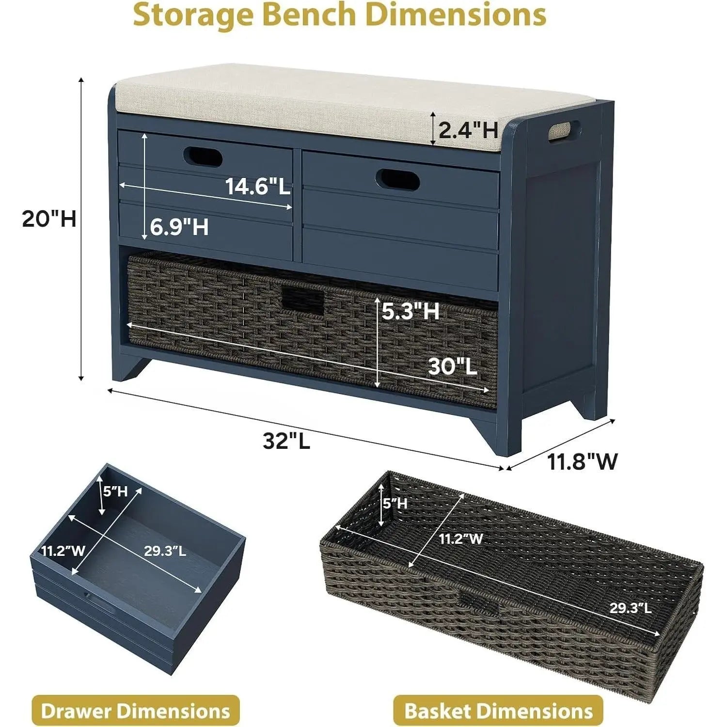 Hausvita 32" Storage Bench for Entryway, Shoe Bench with Storage Removable Basket and 2 Drawers