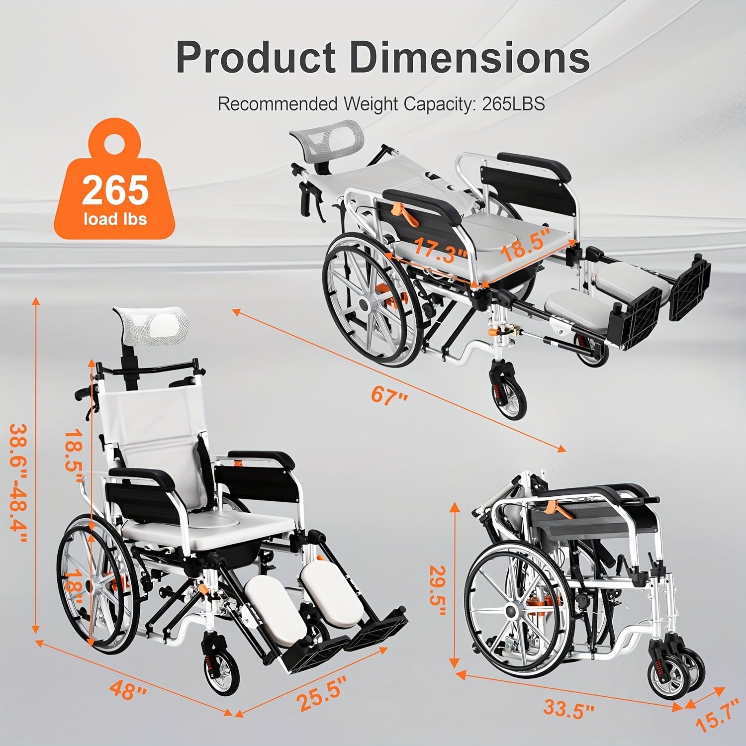 4-in-1 Heavy-Duty Wheelchair with Elevating Leg Rests & Potty - Wide Seat Transport Chair Suitable for Seniors & Adults, Recliner Wheelchair with Head/Leg Support, Brakes & -Tippers