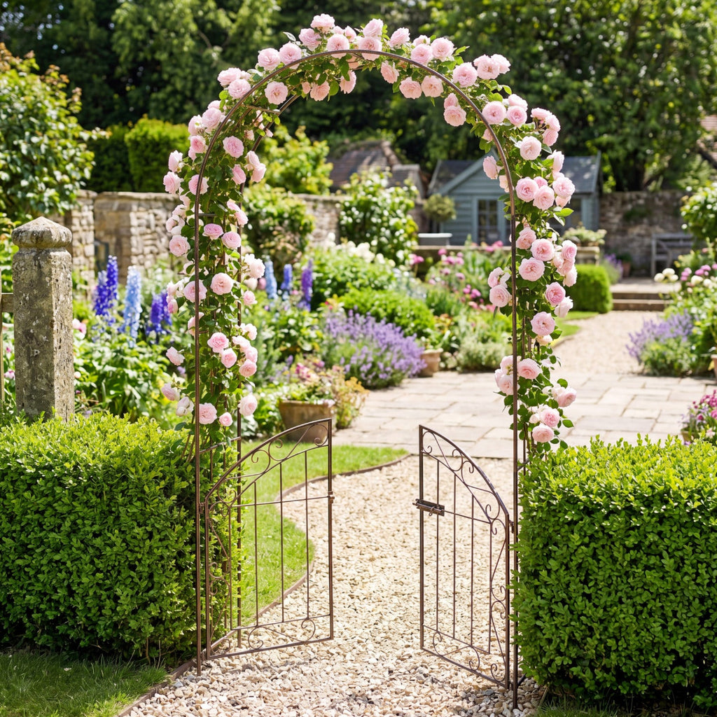 Metal Garden Arch with Gate and Safety Latch - 79" H