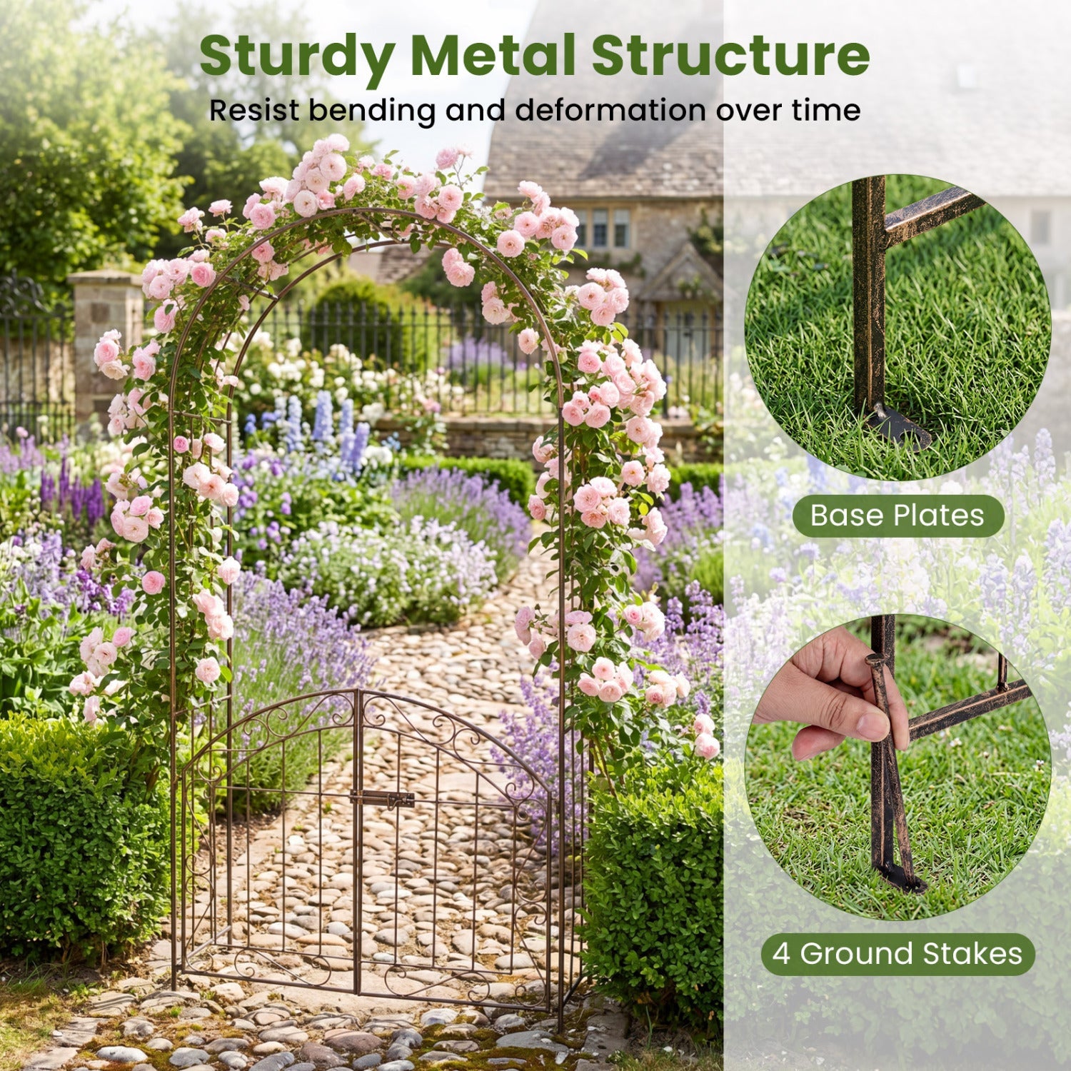 Metal Garden Arch with Gate and Safety Latch - 79" H
