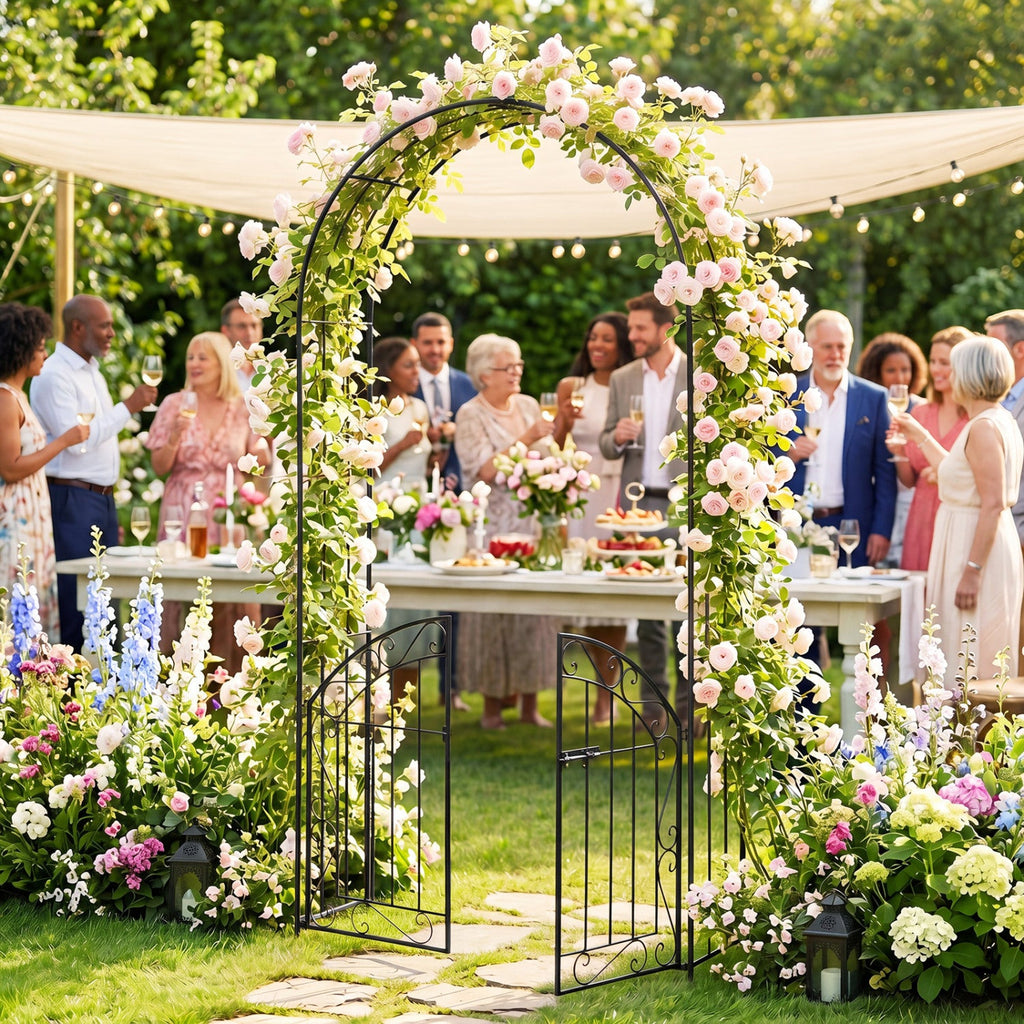 Metal Garden Arch with Gate and Safety Latch - 79" H