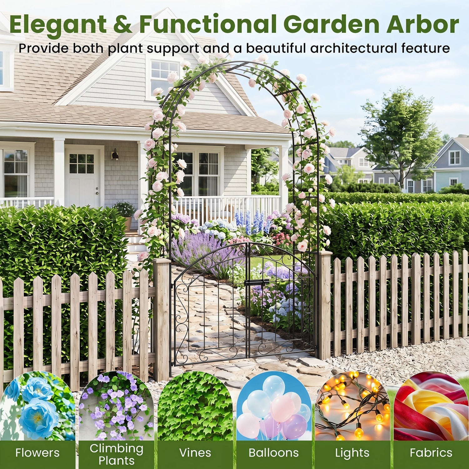 Metal Garden Arch with Gate and Safety Latch - 79" H