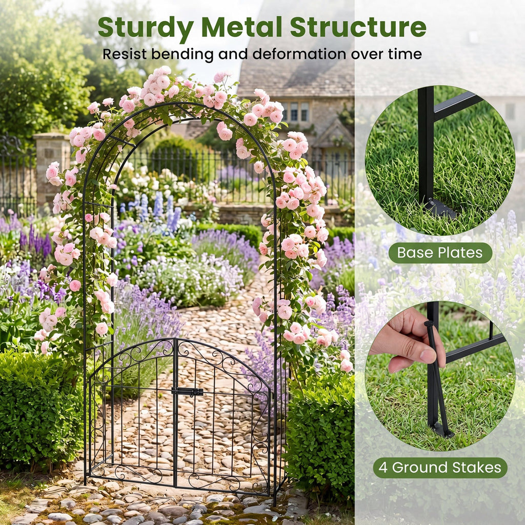 Metal Garden Arch with Gate and Safety Latch - 79" H