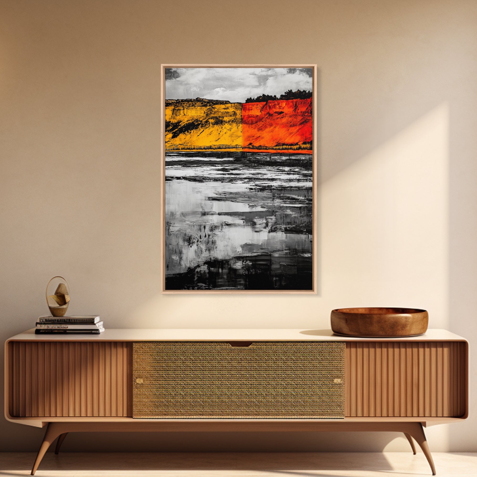 Autumn Cliffs, Seasonal Landscape, Fall Wall Art, Rustic Nature Print, Bold Orange and Yellow, Framed Canvas Print, Living Room Decor