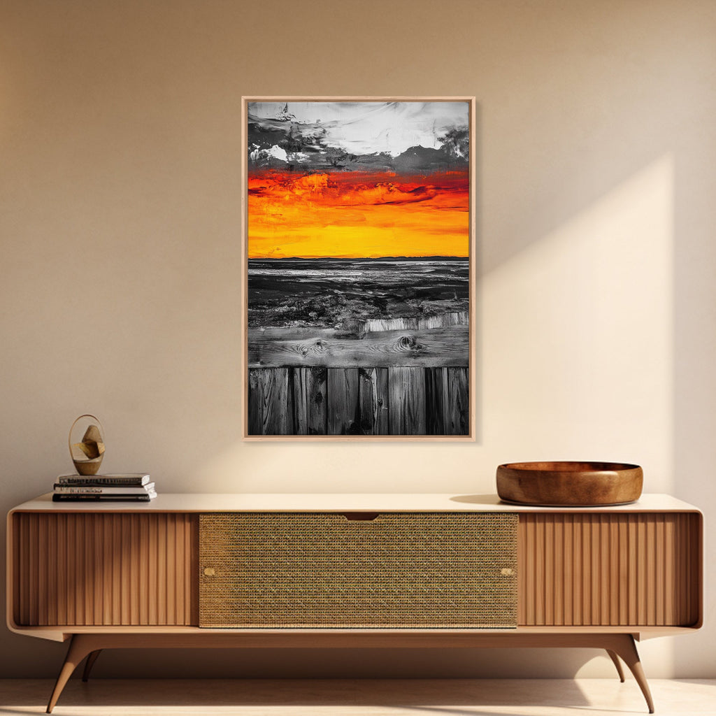 Sunset Landscape, Rustic Fence, Fiery Sky Art, Bold Color Wall Art, Abstract Nature Scene, Canvas Print, Boho Home Decor