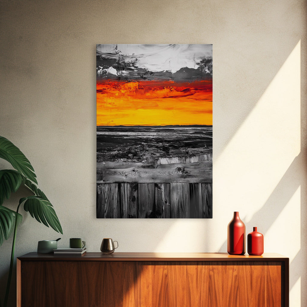 Sunset Landscape, Rustic Fence, Fiery Sky Art, Bold Color Wall Art, Abstract Nature Scene, Canvas Print, Boho Home Decor