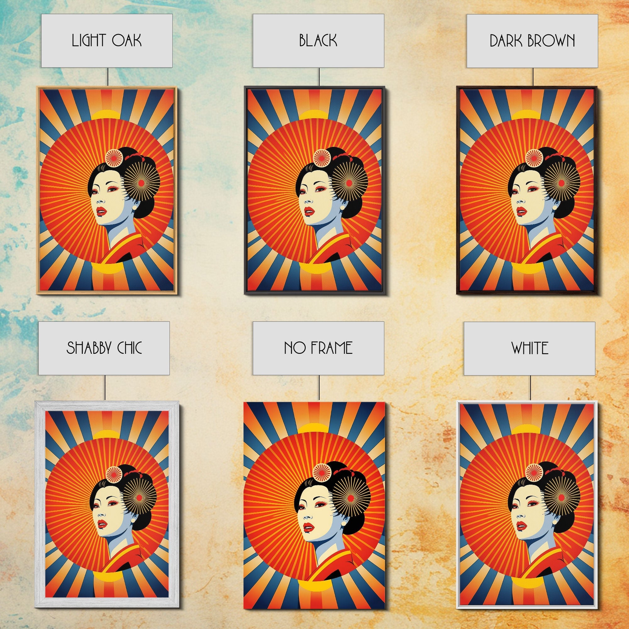 Portrait of a Geisha, Pop Art Style, Art Deco Sunburst, Framed Canvas Print