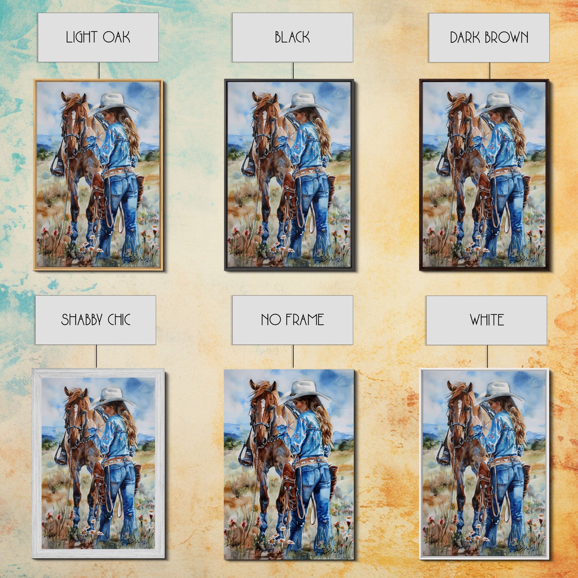 Cowboy on Rearing Horse Silhouette - Framed Canvas Print, Western Wall Art, Rustic Decor, Living Room and Bedroom Art Print