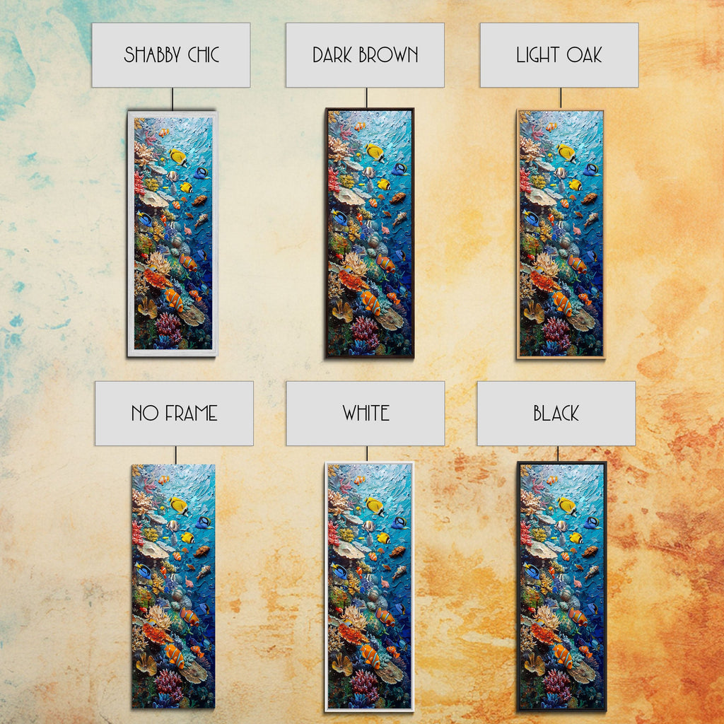 Vibrant Coral Reef Underwater Scene Featuring Diverse Tropical Fish on a Framed Canvas Print Skinny Art Piece