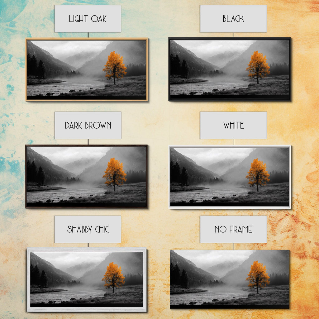 Autumn Tree in Fog, smoky mountain art, pine tree art, wabi sabi art, forest at dusk painting, fall wall art, rustic decor, Framed Canvas Print