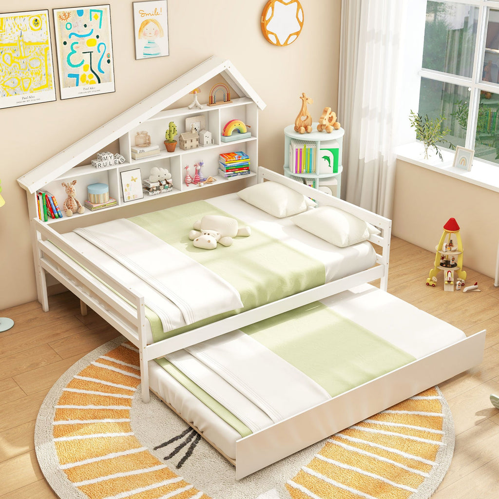 House-Shaped Full Size Daybed with Twin Size Trundle-White