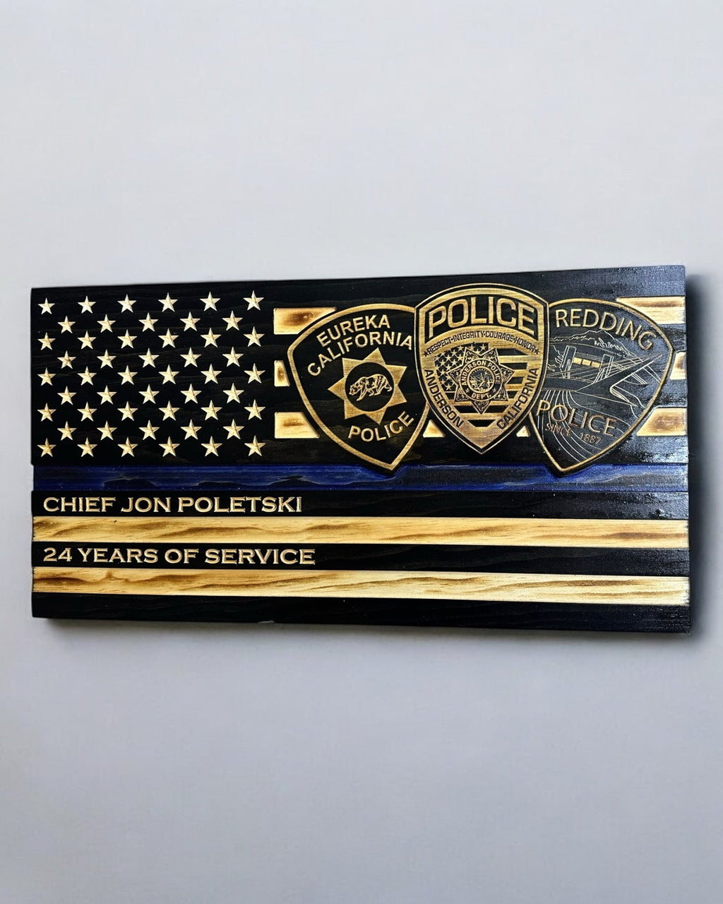 Custom Thin Blue Line Wooden Flag with Engraved Police Badge