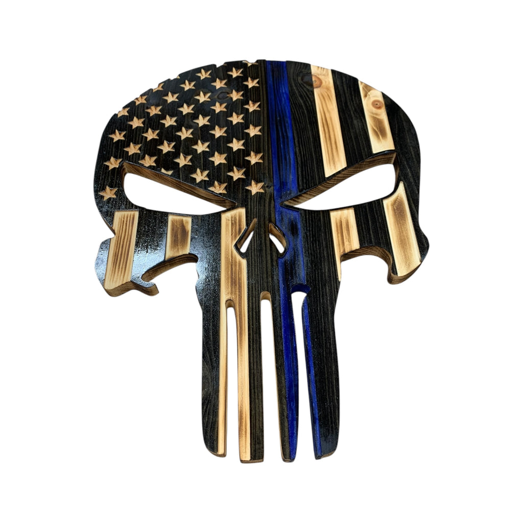 Wooden Thin Blue Line Skull Flag with LED Backlighting