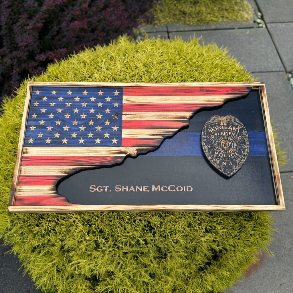 Custom 3D Thin Line American Flag with Engraved Badge