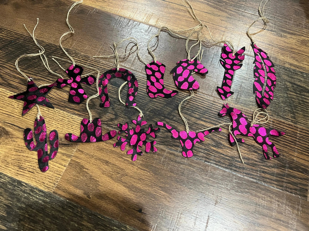 PINK SPOTTED Leather Cowhide Christmas Ornament - Sold Individually